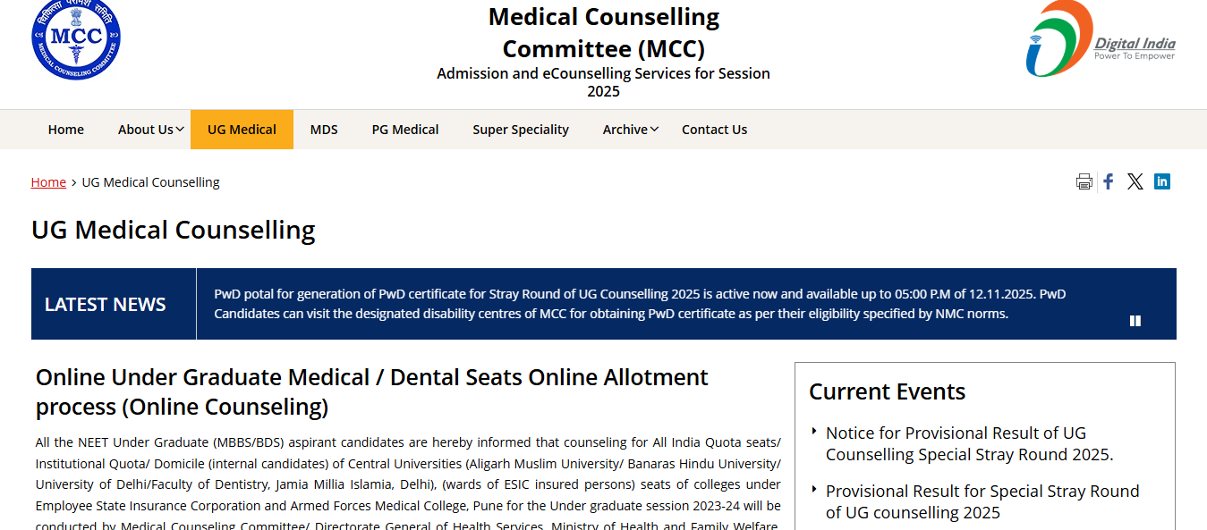 MCC NEET UG counselling 2025 special stray round seat allotment result ...